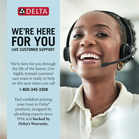 Customer support representative smiling with headset, offering live support for Delta products, including faucets.