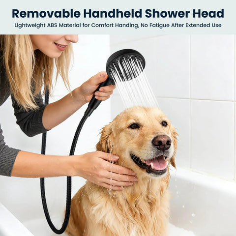 Heavy Duty Matte Black Shower Faucet Set With Integrated Pressure Balance Valve And Versatile Six Setting Handheld Sprayer Smooth Hookup For Major Home Refresh - Woman using handheld shower head on golden retriever.