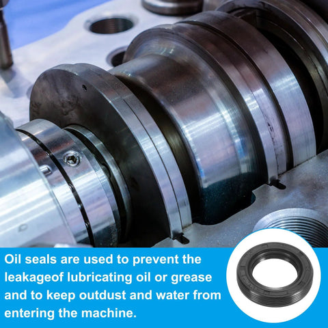 Close-up of nitrile rubber shaft seal used in machinery for preventing oil leakage and ingress of dust and water, ensuring durability.