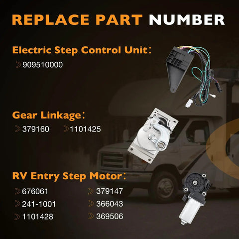 Replace part numbers for RV Step Motor Conversion Kit With Curved Linkage For Electric RV Steps 379160 379147 909510000