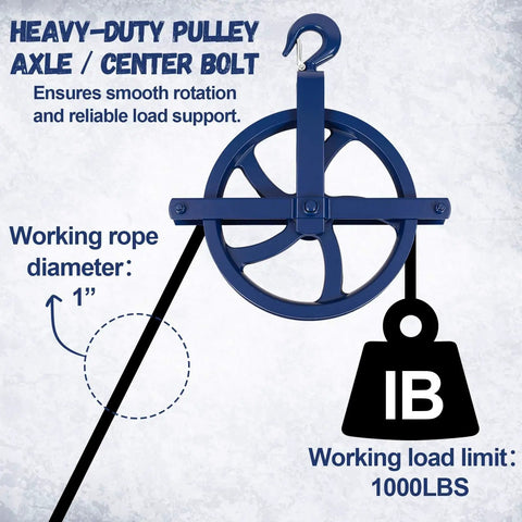 Heavy Duty Two Pack Scaffold Hoist Pulleys With Smooth Glide 12 Inch Solid Cast Iron Gin Wheels Rated 1000 Lbs showing axle and hook with load limit.