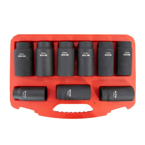 Deluxe 6 Pt Axle Nut Socket Set 9 Piece With Beefy Chrome Moly Sockets Impact Rated Black Oxide Finish Rust Resistant Case