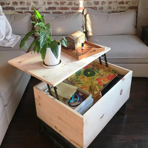 Coffee table with lift-top using heavy-duty hydraulic hinge for coffee tables, displaying storage and a plant in living room setting.
