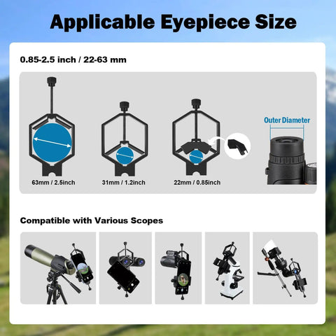 Dimensions of 2 Axis Phone Scope Mount For Telescopes And Microscopes Universal Smartphone Adapter showing compatibility with scopes.