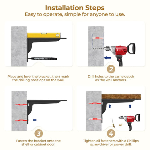 Installation steps for Beefy Heavy Duty L Shelf Brackets 6 Pack Matte Black 20 By 5.6 Inch, showing placement and drilling process