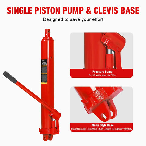 Heavy Duty Hydraulic Long Ram Jack 3 Ton Capacity Engine Hoist Cylinder With Clevis Base and Single Piston Pump designed for easy lifting.