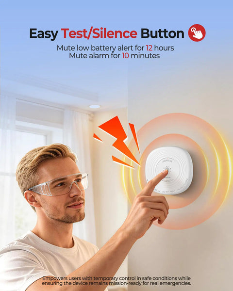 Close-up of a person using the test button on a Dual Smoke And Carbon Monoxide Detector 10 Year Sealed Battery 3 Pack Home Fire Safety Alarm.