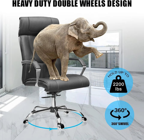 Black office chair with an elephant demonstrating heavy-duty double wheel design, supporting up to 2200 lbs, highlighting silent office chair wheels for hardwood floors.