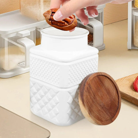 Top Shelf Durable 1800Ml Glass Storage Jars With Hella Tight Airtight Wooden Lids Vintage White Matte Tea Canisters with lid.