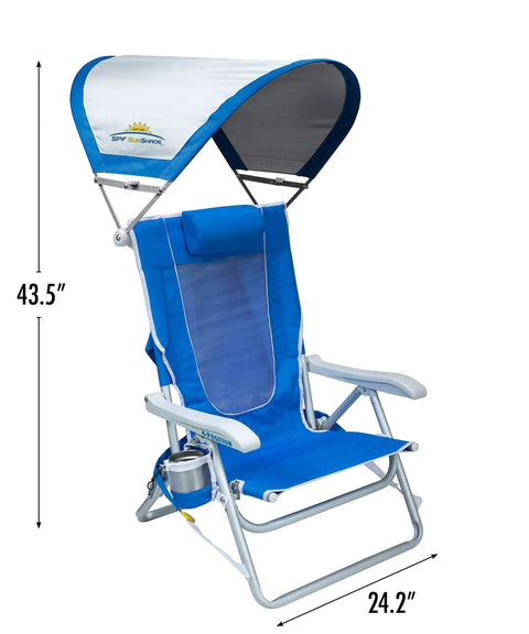 SunShade Backpack Beach Chair With Adjustable Canopy, 4 Position Recline, Cup Holder, Saybrook Blue with canopy open