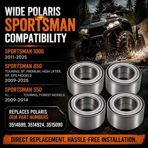 Complete Front And Rear Wheel Bearing Kit Four Heavy Duty Hub Assemblies displayed against an ATV in a forest setting.