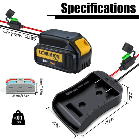 Specifications of 20V Battery Adapter And Power Wheels Conversion Kit With Fuse And 14 Gauge Wire For Ride On Trucks, Robotics, And RC Toys.
