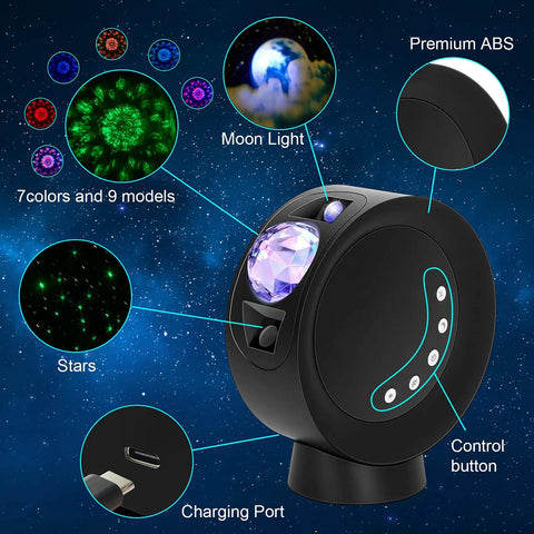 Lit Galaxy Sky Projector Light With Nebula Stars And Full Moon, features 7 colors, 9 modes, remote control, and premium ABS material