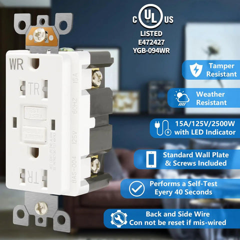 Close-up of 10 Pack GFCI Outlet 15 Amp Self Test Receptacles with LED indicator, decor wall plates, and screws for indoor outdoor use.