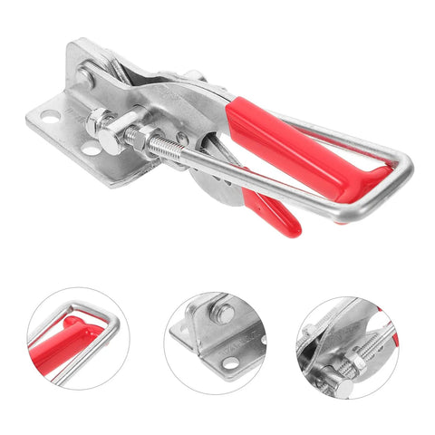 Metal latch with red handle, side view, for Rubber T Handle Draw Latch For Toolboxes Hoods And Machinery Flexible Tough As Nails Abrasion Resistant Hasps