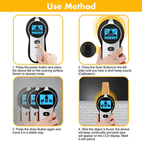 Digital Stud Finder And Wall Scanner With Hd Lcd Display And Loud Audio Alert, 5 In 1 Live Ac Wire Detector For Wood Studs And Steel Beams, Dead On Accuracy For Weekend Warriors use instructions with LCD display.