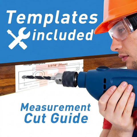 Man using a drill with measurement cut guide template for Heavy Duty Black Pivot Hinge For Hidden Secret Doors And Custom Shelves Featuring Rust Proof Stainless Steel Build With Ultra Smooth Glide Action And Built Tough Design Supporting Five Hundred Seventy Pounds.