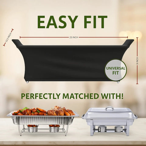 Heavy Duty Chafing Dish Wind Guard Two Pack With Sturdy Handles Black Covers shown with dimensions for easy fit over chafing dishes.