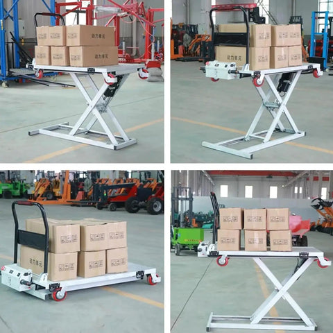 Heavy Duty Electric Rechargeable Folding Forklift Cart With Hydraulic Lift Platform For Pickup Trucks And Vans 300 KG Capacity 43 Inch Height, features boxes on lift.