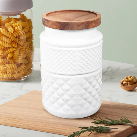 1800Ml Glass Storage Jars With Hella Tight Airtight Wooden Lids Vintage White Matte design, ideal for coffee and snacks.