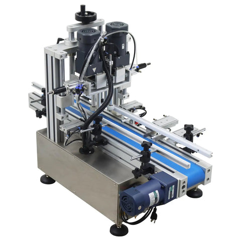 No Sweat Automatic Cap Sealer For Screw Caps With Rapid Conveyor Featuring Badass Stainless Steel Desktop Capping Machine viewed from the side, showcasing motor and conveyor.