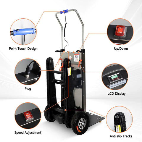 ROOMEDAL Electric Stair Climbing Hand Truck Dolly With 661 Lb Capacity features LCD display, speed adjustment, and anti-slip tracks.