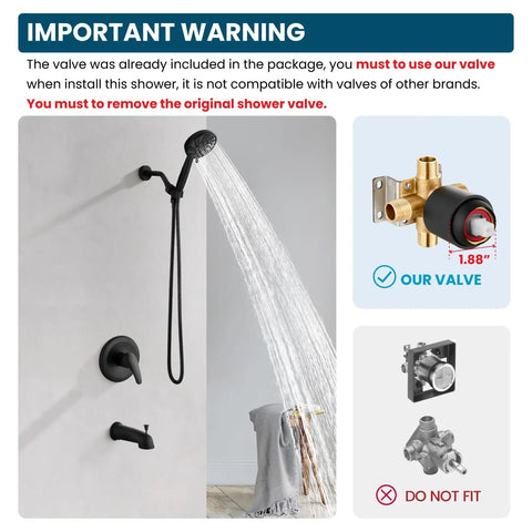 Rock Solid Matte Black Tub And Shower Faucet Set With Internal Valve Six Spray Handheld Head For Smooth Bathroom Upgrades. Shower valve installation warning.