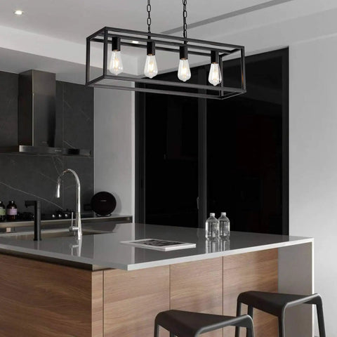Modern Rectangle Black 4 Light Pendant For Dining Room And Kitchen Island Lighting Fixture With Adjustable Height Chains