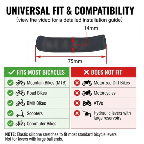 Diagram showing fit and compatibility for Universal Brake Lever Grips Set Anti Slip Silicone Covers For Road Mountain Cyclocross BMX And Commuter Bikes Shock Absorbing And Comfortable 2 Pairs Black.