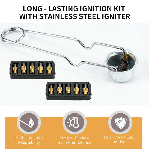 Heavy Duty Torch Flint Spark Igniter Kit With 10 Flint Consumables; stainless steel igniter and flint packs displayed.