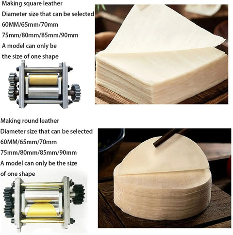 Automatic Electric Dumpling Skin Maker Slick Operation Wonton Dough Press With No Sweat Prep And Rapid Sixty Skins Per Minute, showing square and round wrapper options.