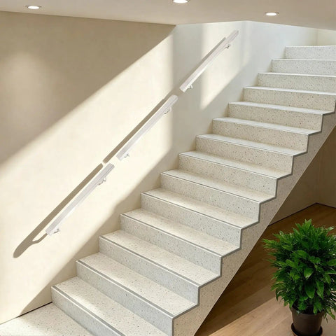 Heavy Duty Flush Handrail Set Wall Mount Stainless Steel Stair Railing Kit With Slick Silver Finish on a staircase.