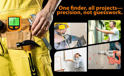 No Sweat 5 In 1 Handheld Stud Finder And Wall Scanner With Auto Calibrating Sensor stored in tool belt, ready for use in DIY projects.