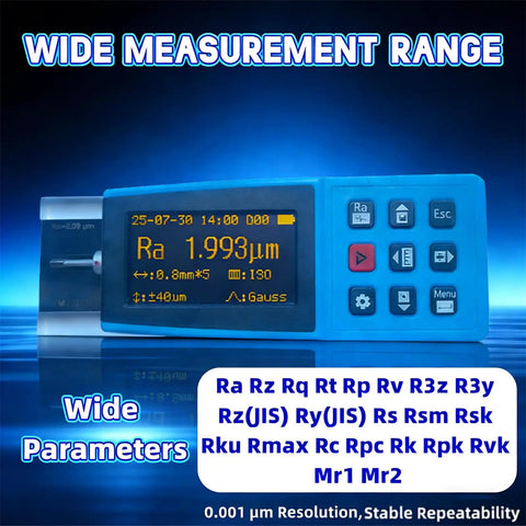 Front view of handheld portable surface roughness tester and high-precision digital profilometer displaying Ra measurement.