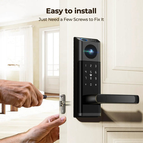 Video Smart Lock With Hd Camera And Wireless Doorbell Auto Locking Deadbolt Keyless Entry For Front Door Easy Install as seen being installed.