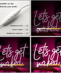 Lets Get Naked Pink neon sign with dimmer; shown at different brightness levels; 15.7x11.8 in size; USB-powered; acrylic backing.