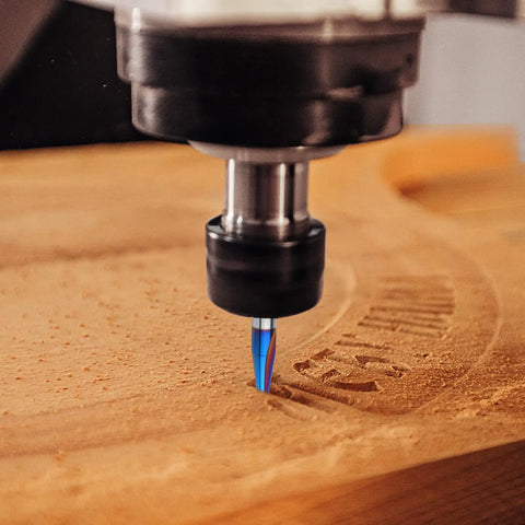 CNC Wood Carving Router Bit Set With One Quarter Inch Shank 15 Degree Detail Liner 20 Degree Profile Bit Plus 30 Degree 60 Degree And 90 Degree V Groove Bits Solid Carbide With Nano Blue Coating For Heat Resistance Max RPM 24000 For DIYers carving wood surface.