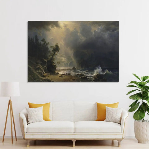 Dope Vintage Canvas Wall Art Featuring Puget Sound On The Pacific Coast By Albert Bierstadt Lit Landscape Print above a couch in a cozy interior.