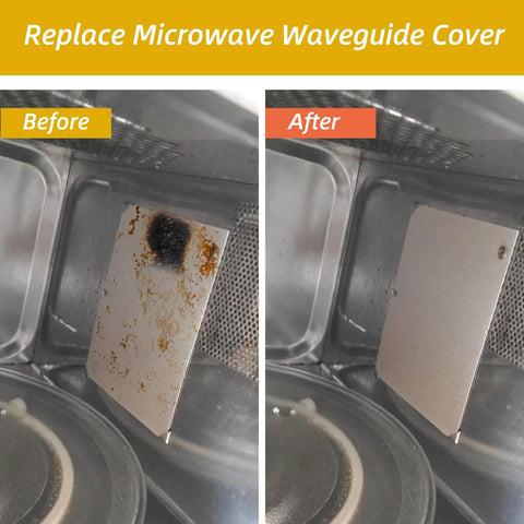 Before and after view of Four Pack Microwave Waveguide Covers For DIY Microwave Repair 5.1 By 5.1 Inch Mica Plates Replacement Kit