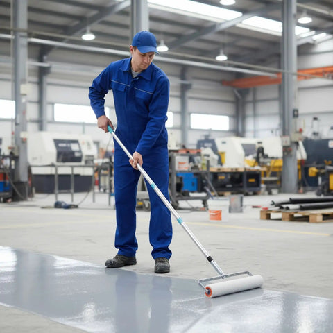 Worker using Three Piece Spiked Roller Set Pro Grade For Self Leveling And Epoxy Floors Includes 6 Inch 9 Inch And 20 Inch Heads Removable