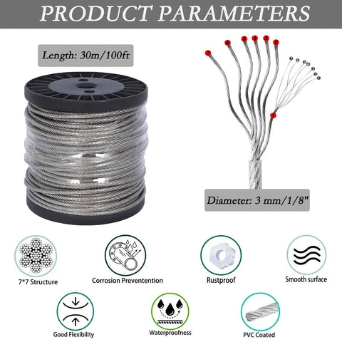 1/8 Inch Stainless Steel Wire Rope Kit with 100 Feet Vinyl Coated Cable and product features diagram