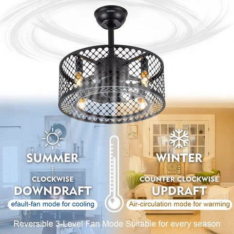 Dope Caged Ceiling Fan With Lights Remote Control, Industrial Enclosed Blades, 18 Inch Black Fixture Reversible Motor