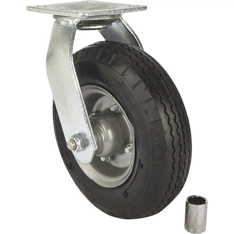 Badass 8 Inch Swivel Caster Wheel With Flat Free Rubber Foam Core And Deep Sawtooth Tread, heavy-duty design and zinc finish.