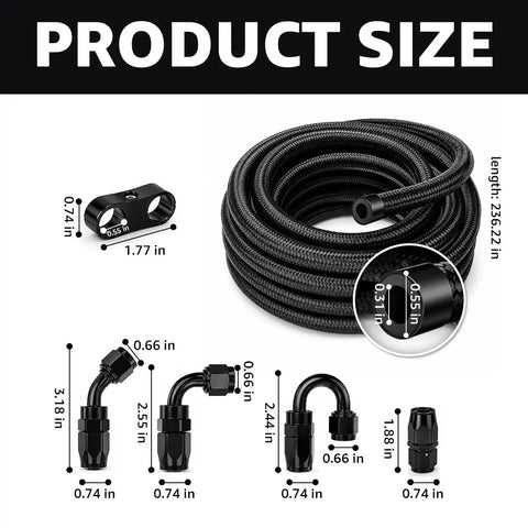 Top Tier 6AN Fuel Line Kit With 20 Ft Nylon Braided Hose And Heavy Duty Aluminum Fittings Plus Clamps For Universal Gas And Diesel Transfer Across Most Cars Without Leaks Or Drips To Keep Your Ride Runnin Smooth., black braided 20 ft fuel hose kit with aluminum fittings and clamps, product size view