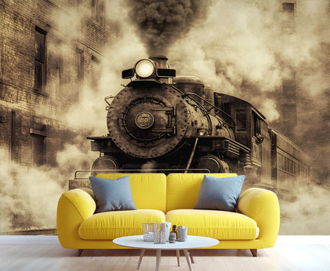 Retro Steam Train Wall Mural for Living Room and Bedroom Featuring an Old Locomotive on the Rails in HD Silk Cloth