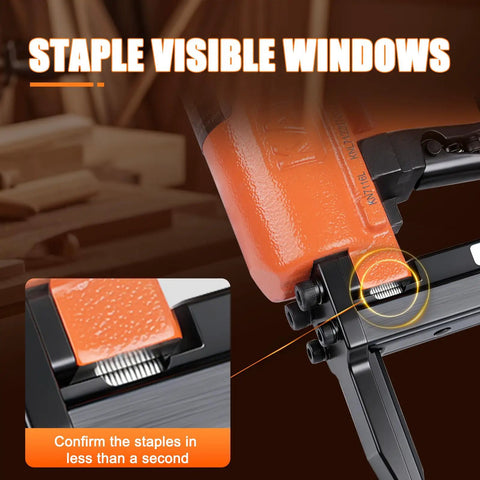 Close-up of Pro-Grade 22 Gauge Pneumatic Upholstery Stapler With Long Nose Reach showcasing staple visible windows.