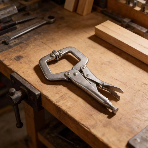 Heavy Duty 9 Inch Locking C Clamp Steel Welding Pliers With Adjustable Screw For Metalworking And Fabrication Tasks on a workbench.