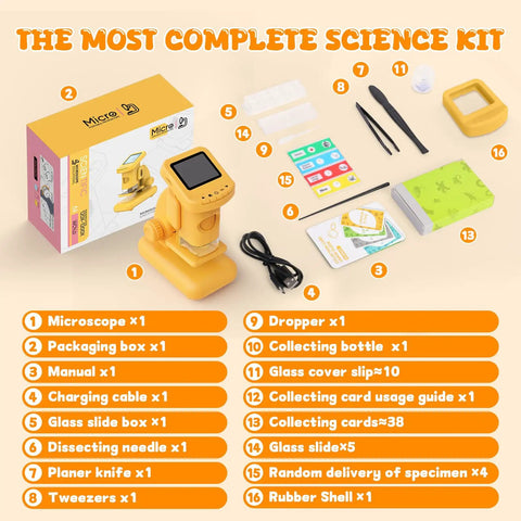 2-In-1 Kids Digital Microscope for Outdoors and Home, Switch Between Handheld and Desktop, HD Screen Video Capture, 9-Slide Science Kit, Portable STEM Toy Gift for Ages 6-12 Boys and Girls, Learn Like a Boss Scientist, yellow microscope kit set