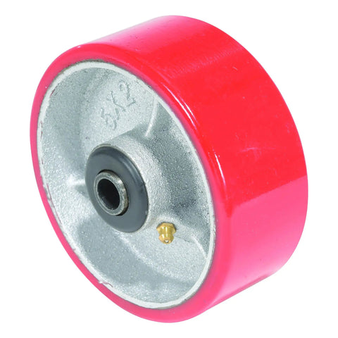 Industrial Grade Polyurethane Replacement Wheel Five By Two Inches Red And Silver Finish smooth design for carts and machines.