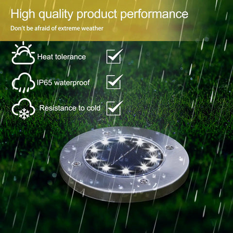 12 Pack 10 LED Solar Ground Lights For Outdoor Lighting No Wiring Needed Easy Install Waterproof Disk highlighting durability features